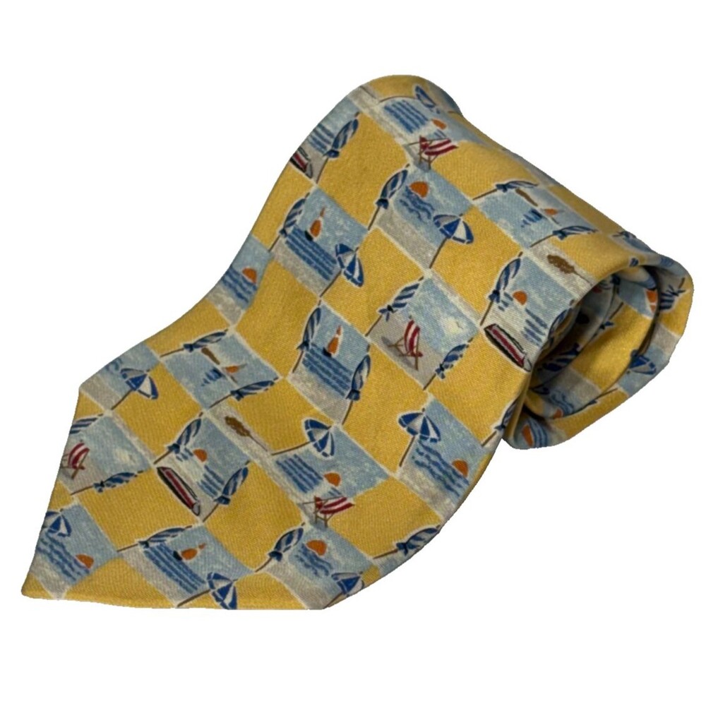 Banana Republic Silk Tie Mens Beach Umbrella Sunsets Sailboat Yellow 4" VTG 90s